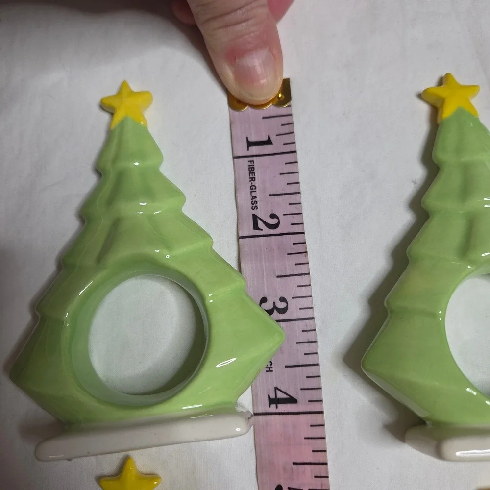 Set of 4 Ceramic Christmas Tree Napkin Rings Holders Light‎ Green Gold Star Top